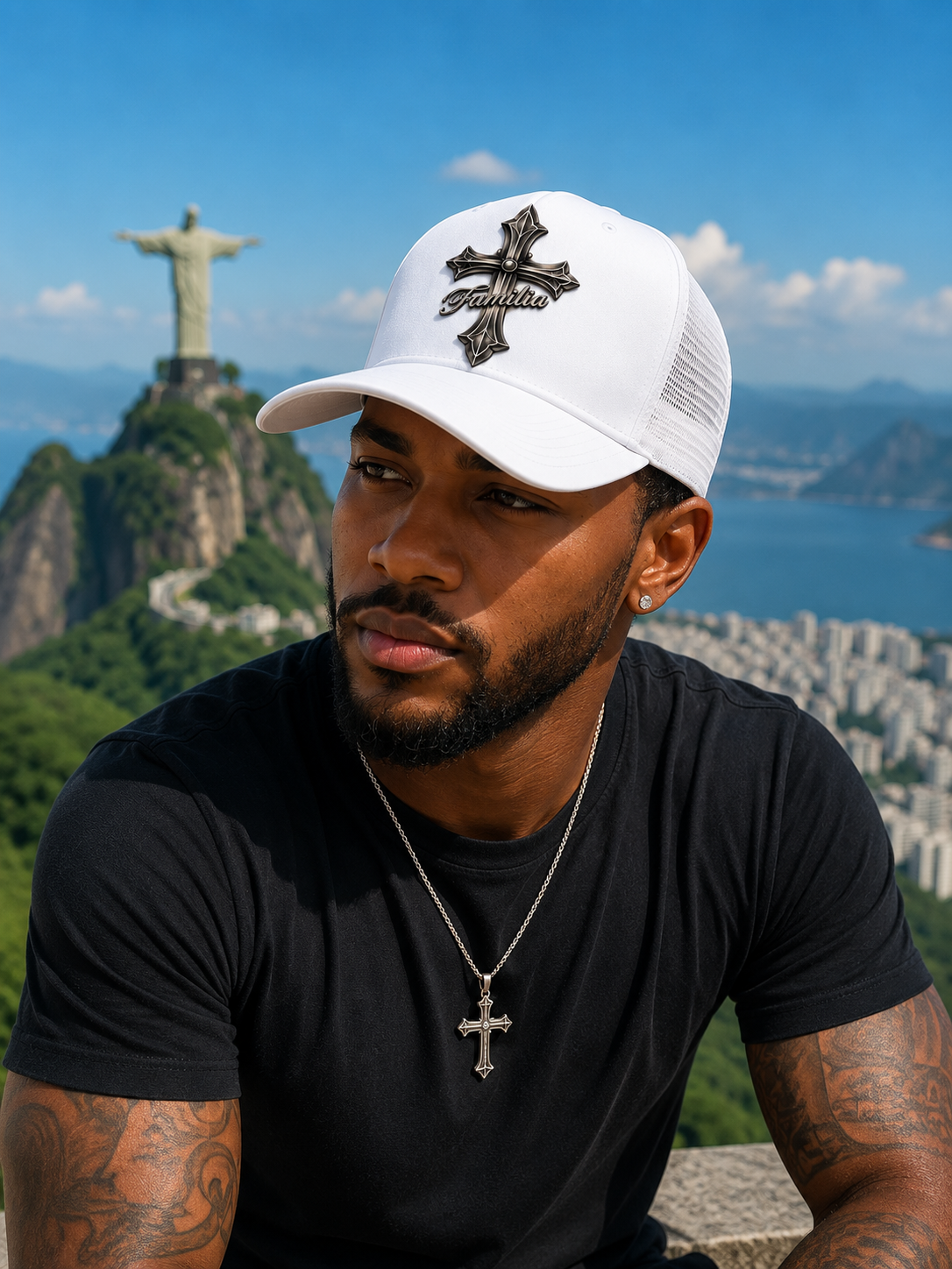 Premium black trucker hat featuring a silver Familia cross design centered on the front panel.