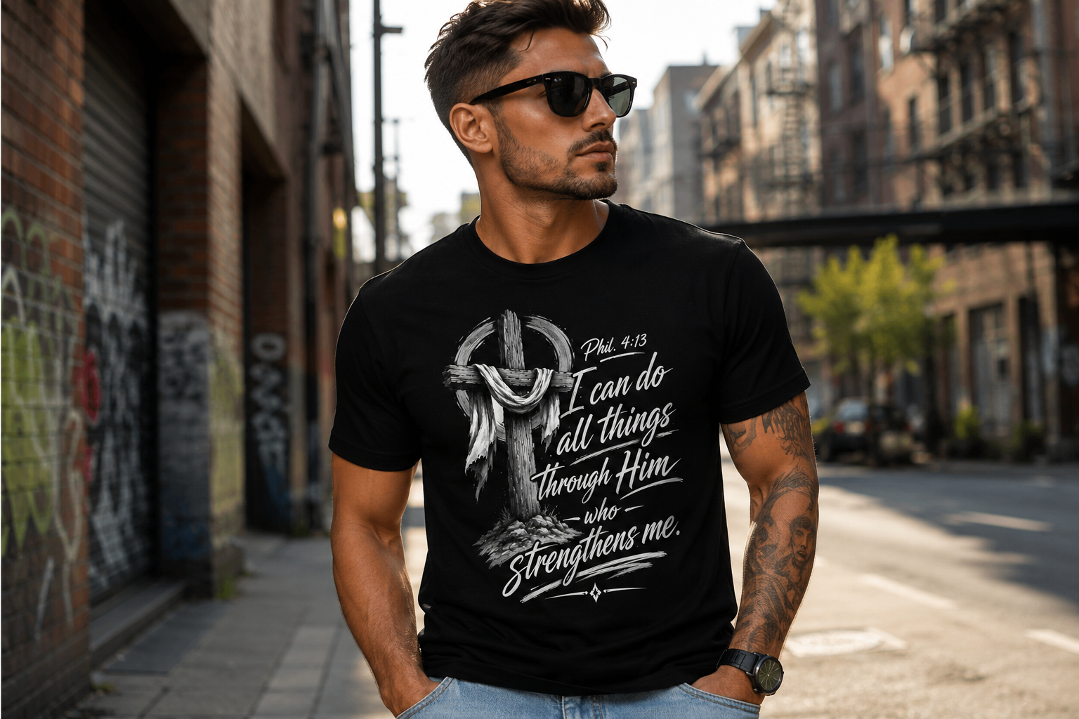 Man wearing a black Philippians 4:13 Christian T-shirt in an urban street setting.
