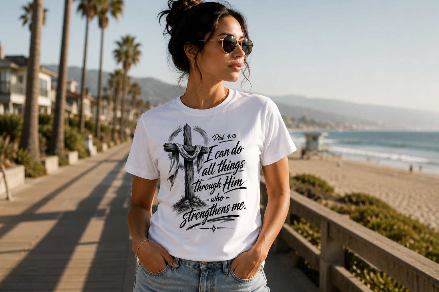 Woman wearing a white Philippians 4:13 Christian T-shirt along a sunny beach boardwalk.