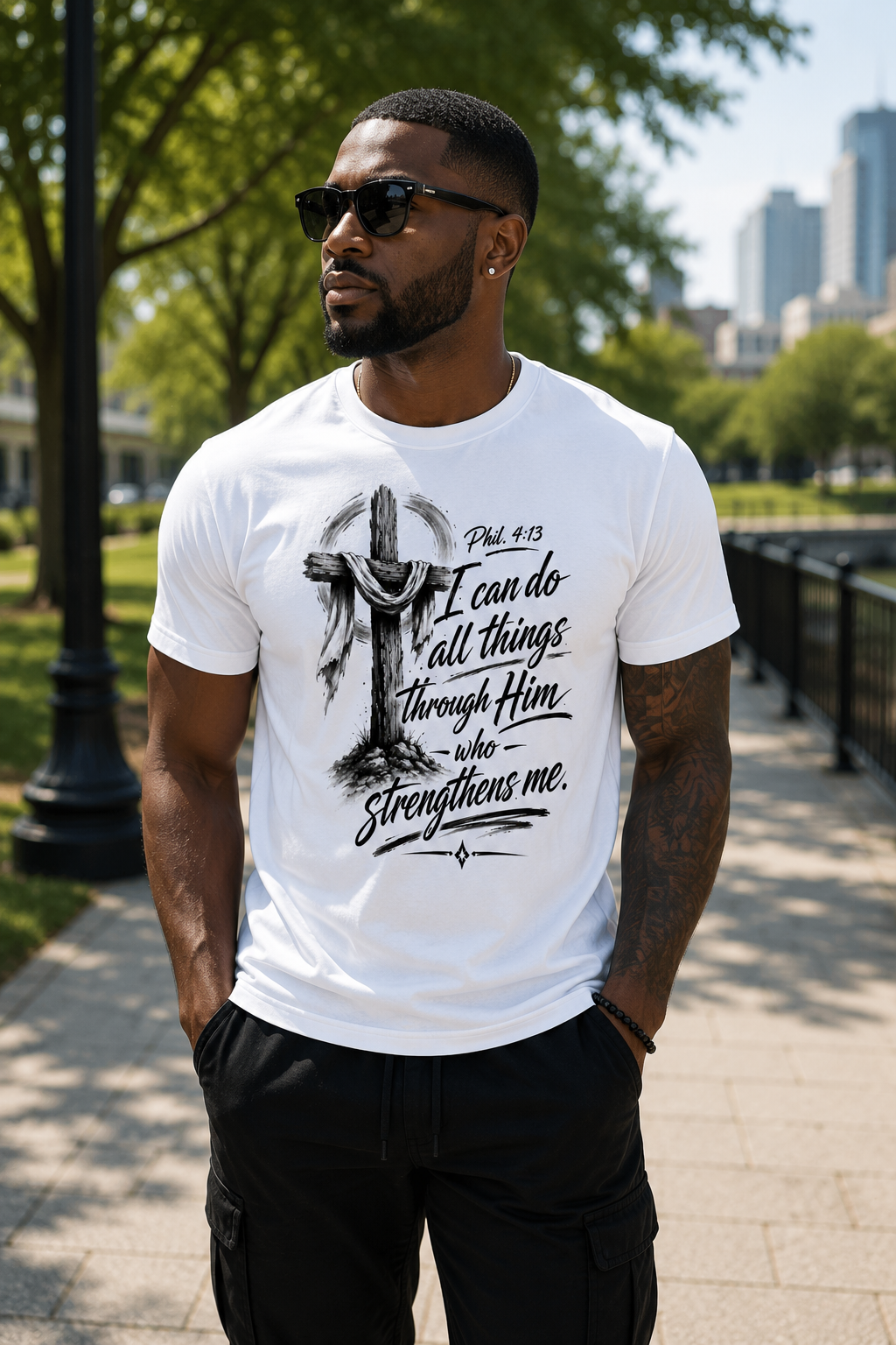 African American man wearing a white Philippians 4:13 Christian T-shirt in a modern city park.