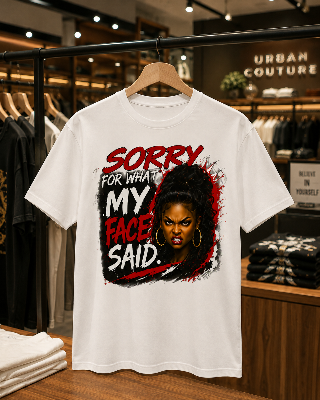 Sorry For What My Face Said | Funny Graphic T-Shirt – Black Woman