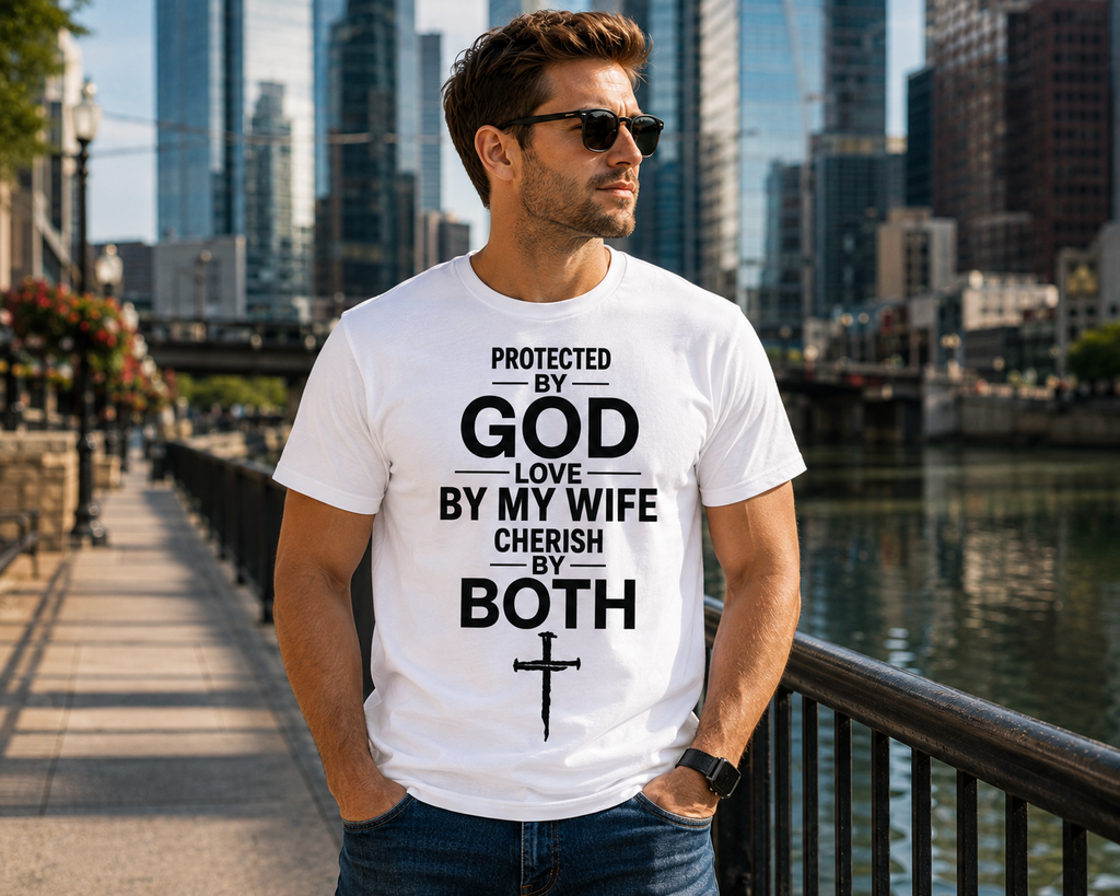Protected by God, Loved by My Wife, Cherished by Both | Premium Christian T-Shirt