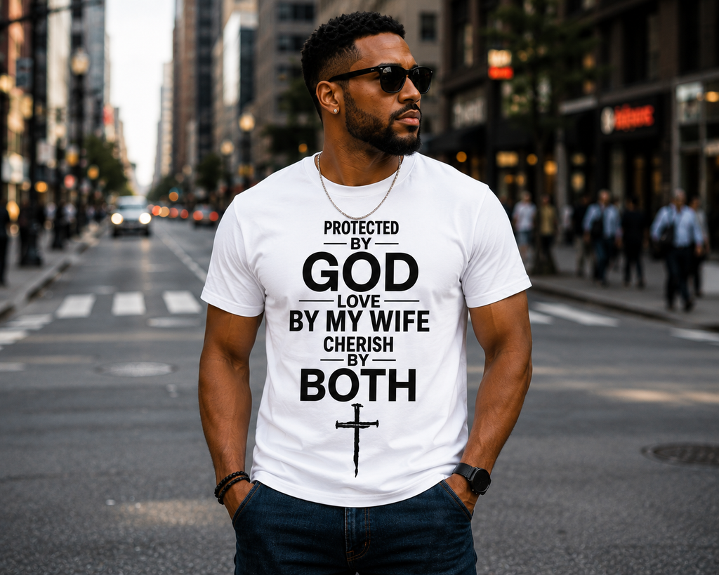 Protected by God, Loved by My Wife, Cherished by Both | Premium Christian T-Shirt
