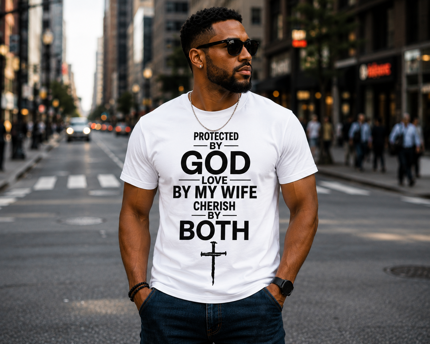 Protected by God, Loved by My Wife, Cherished by Both | Premium Christian T-Shirt