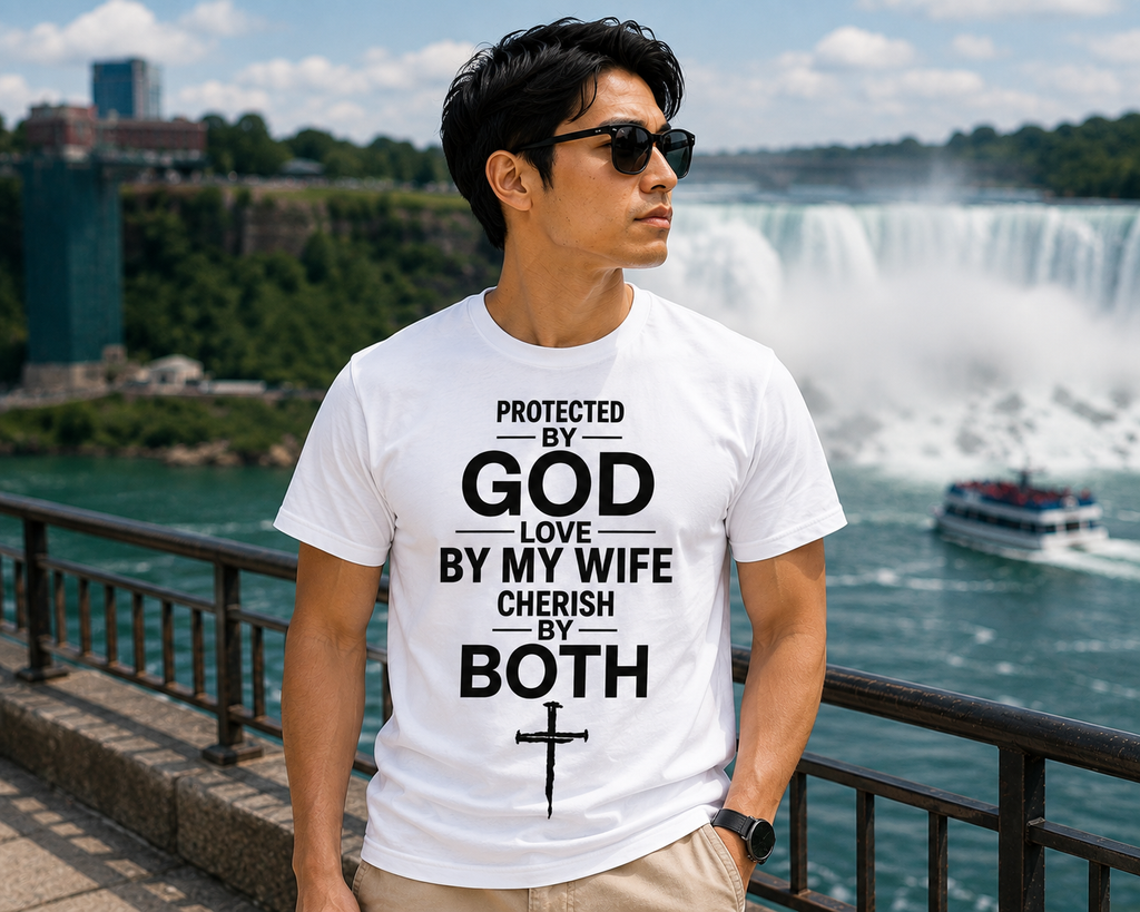 Protected by God, Loved by My Wife, Cherished by Both | Premium Christian T-Shirt