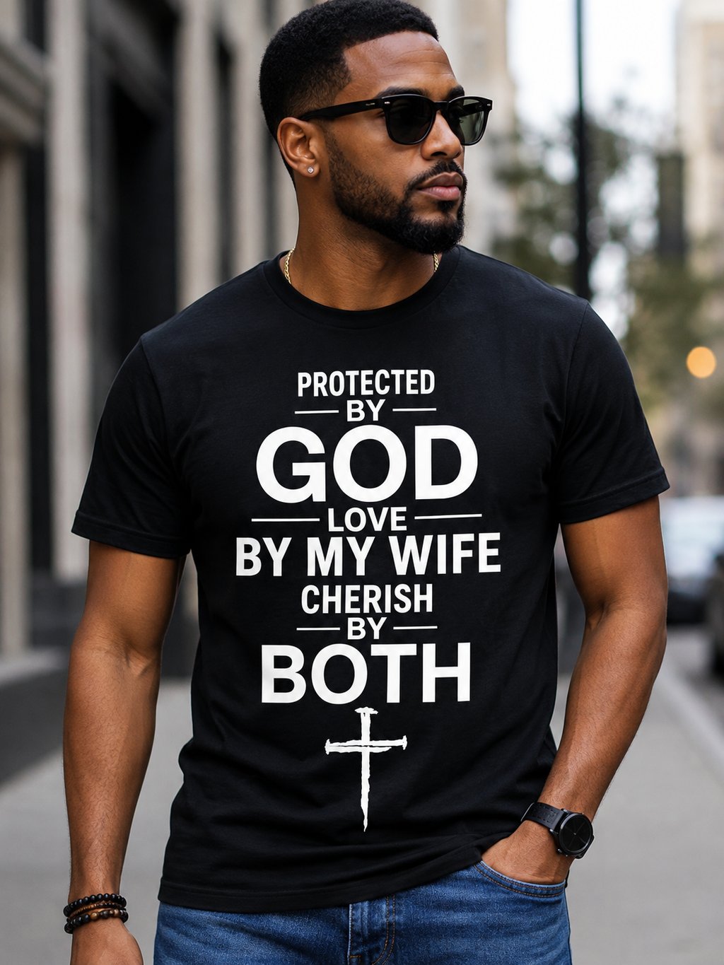 Protected by God, Loved by My Wife, Cherished by Both | Premium Christian T-Shirt